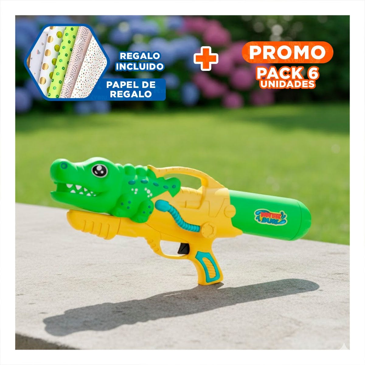 PACK6 DISPARADOR DE AGUA DINOSAURIO VERDE CLARO PARA VERANO EN CASA Y+PAPEL REGALO - 1