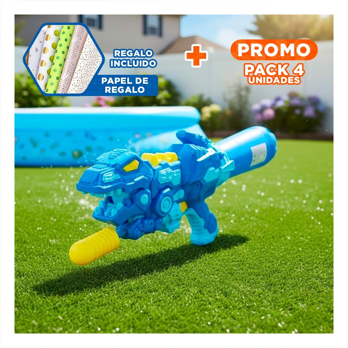 PACK4 ROCIADOR DE JUEGO DINOSAURIO AZUL PARA DIVERSION AL AIRE LIBRE Y+PAPEL REGALO - 1