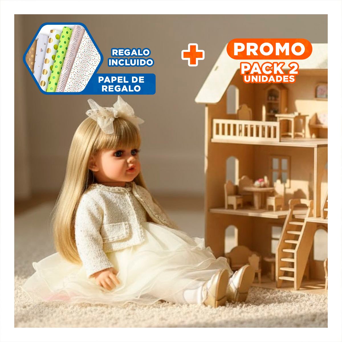 PACK2 COLECCION YESSY CON ROPA INFANTIL BLANCO DE INSPIRACION CLASICA Y+PAPEL REGALO - 1