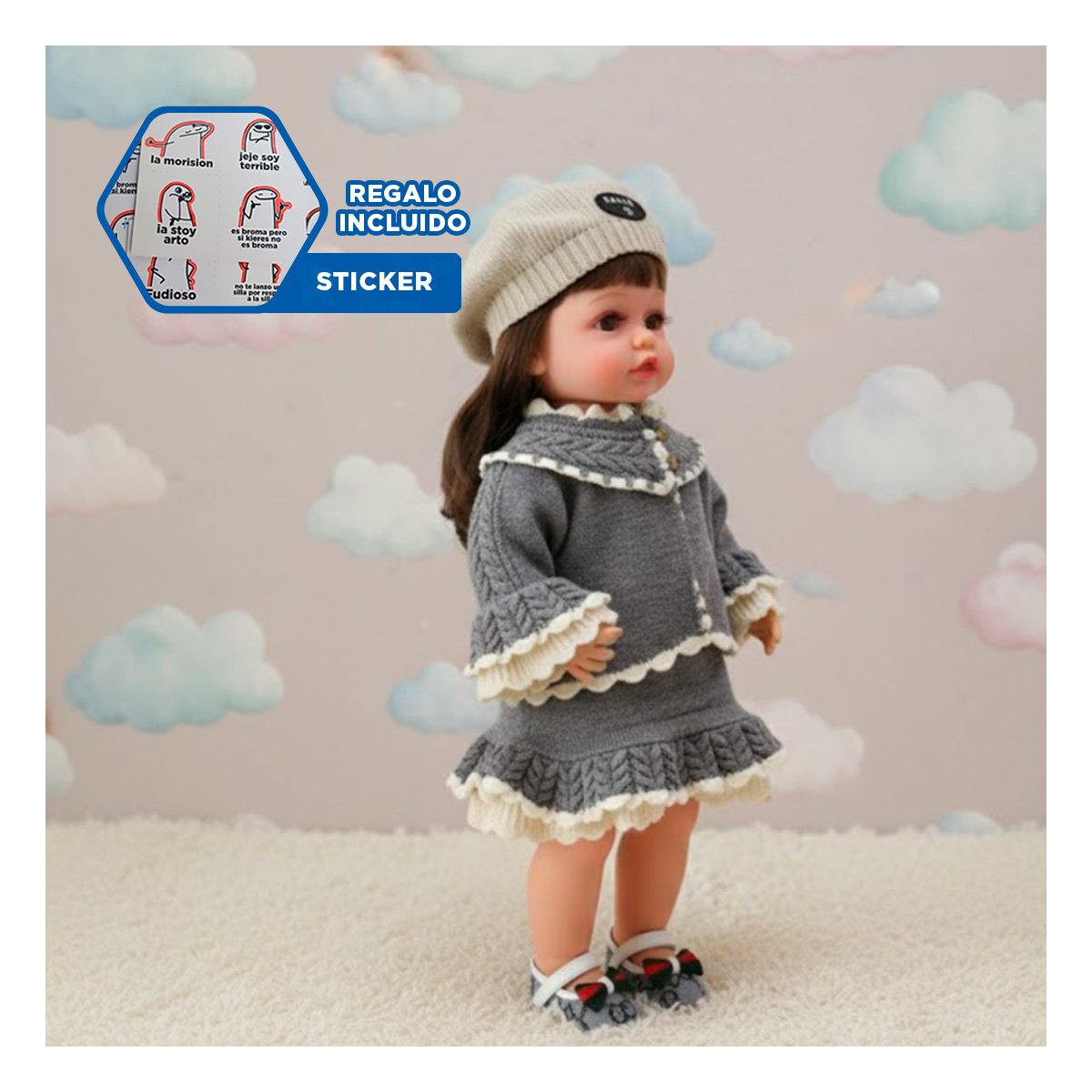 FIGURA YESSY CON CHOMPA TEJIDA PLOMO 55CM Y VESTIDO VOLANTES NINA Y+REGALO STICKER - 1