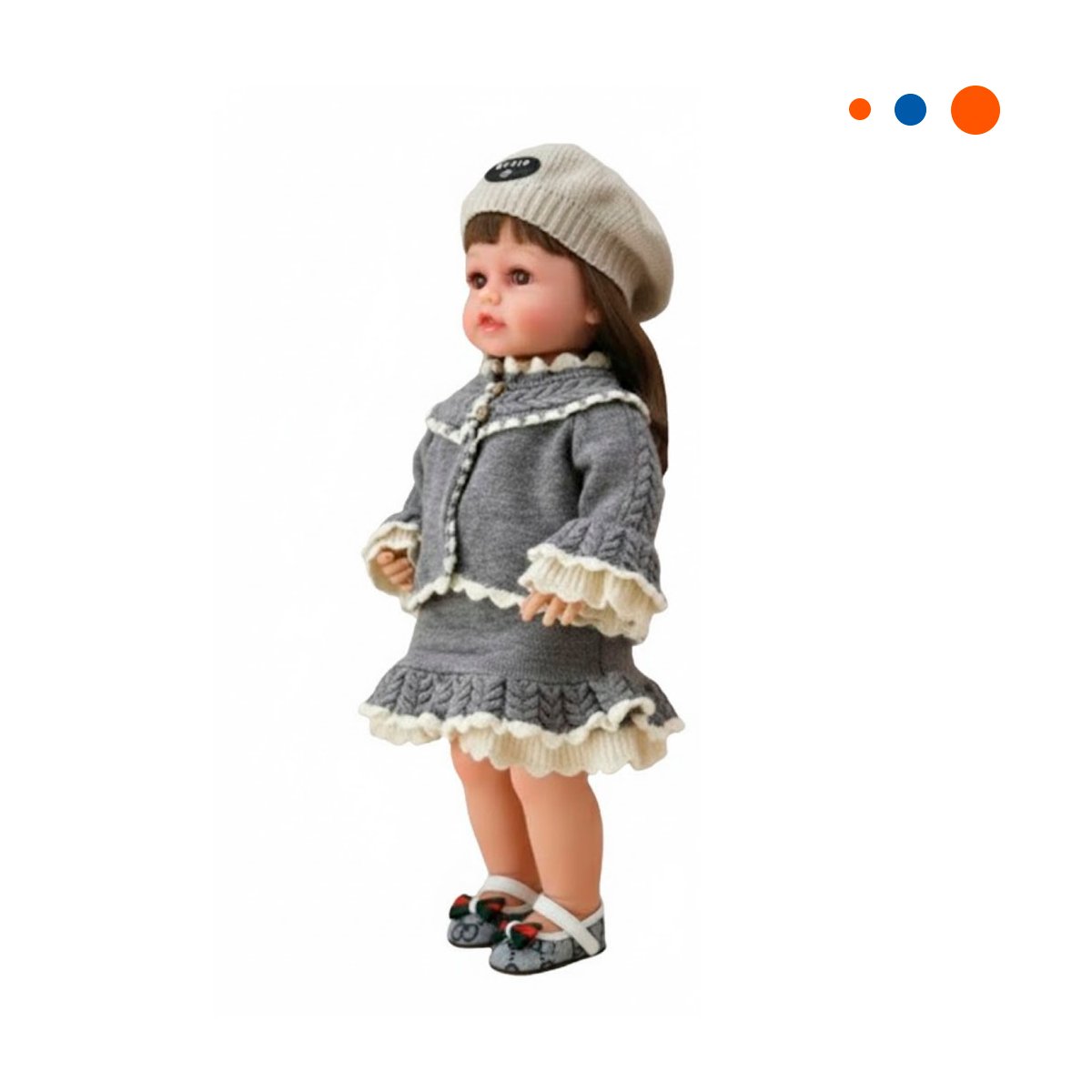 FIGURA YESSY CON CHOMPA TEJIDA PLOMO 55CM Y VESTIDO VOLANTES NINA Y+REGALO STICKER - 3