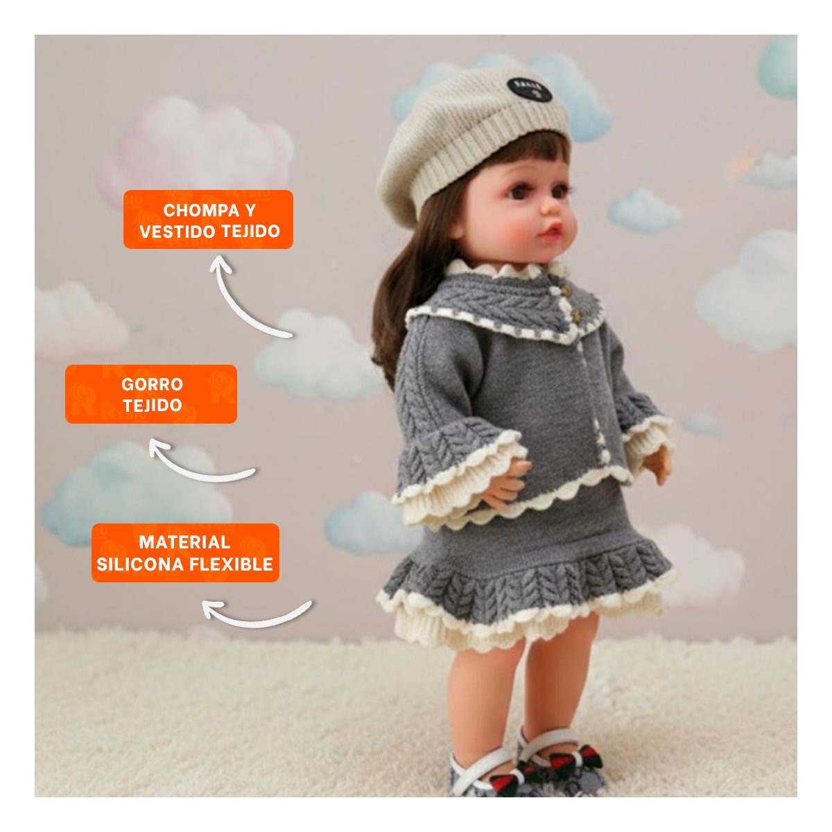 FIGURA YESSY CON CHOMPA TEJIDA PLOMO 55CM Y VESTIDO VOLANTES NINA Y+REGALO STICKER - 5
