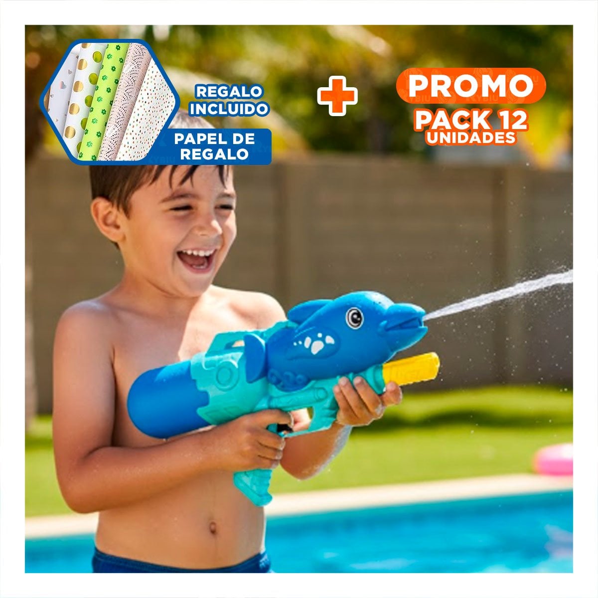 PACK12 PULVERIZADOR DE DIVERSION ACUATICA DELFIN AZUL PARA JARDIN Y+PAPEL REGALO - 1