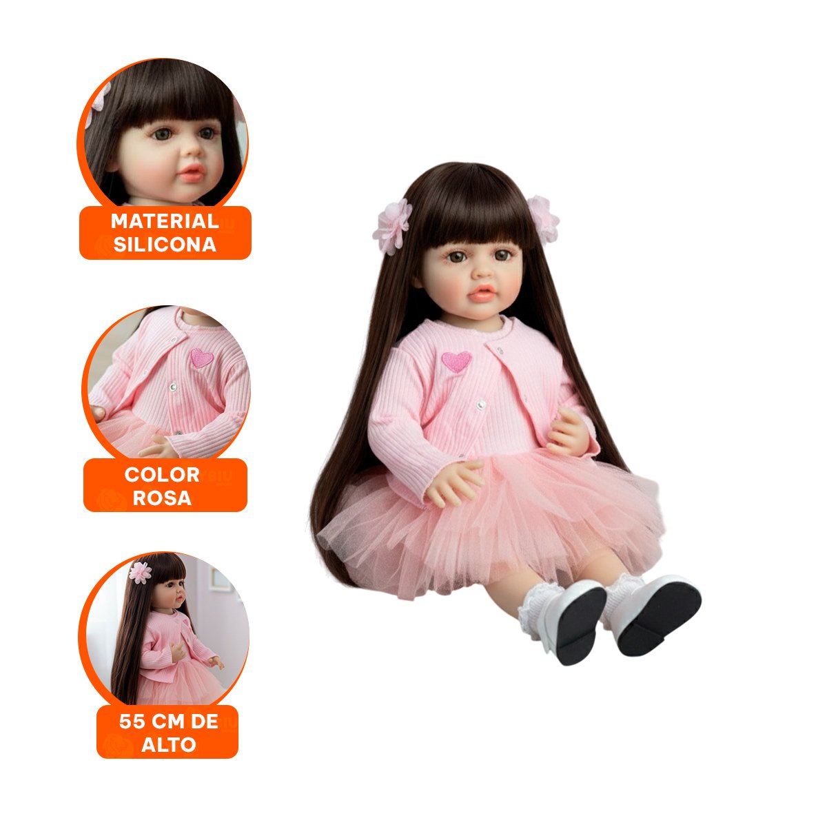 JUGUETE REAL INTELIGENTE CON VESTIDO TULL Y CHOMPA TEJIDA CORAZON ROSADO 55CM - 3