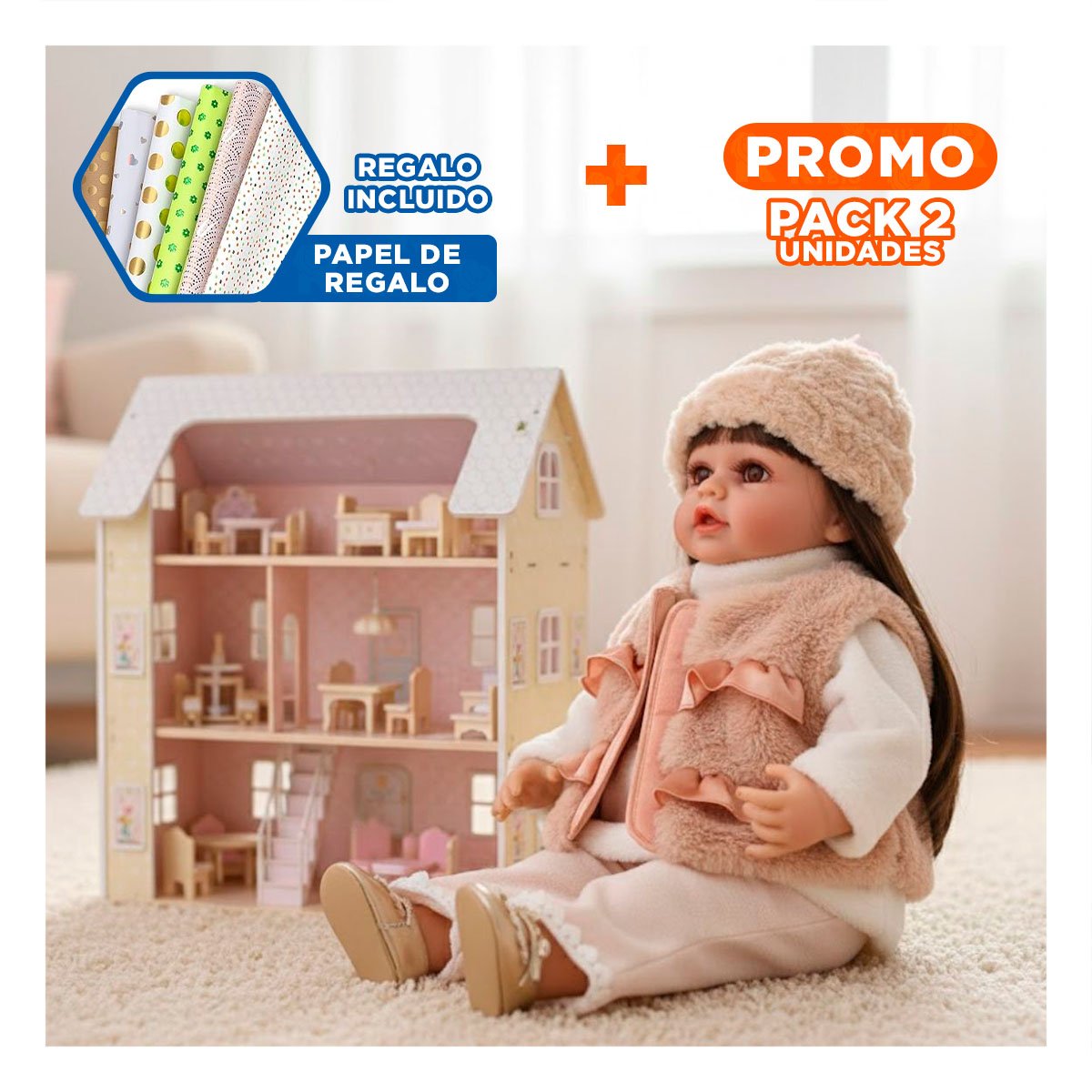 PACK2 COLECCION YESSY CON ROPA INFANTIL BEIGE DE INSPIRACION CLASICA Y+PAPEL REGALO - 1