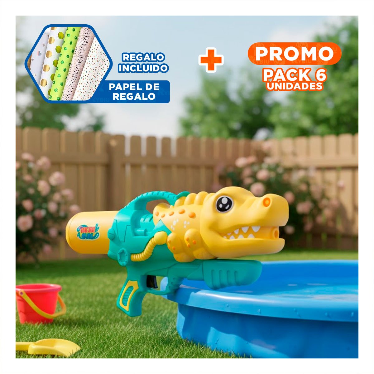 PACK6 DISPENSADOR DE AGUA DINOSAURIO GIGANTE PARA DIVERSION EN VERANO Y+PAPEL REGALO - 1