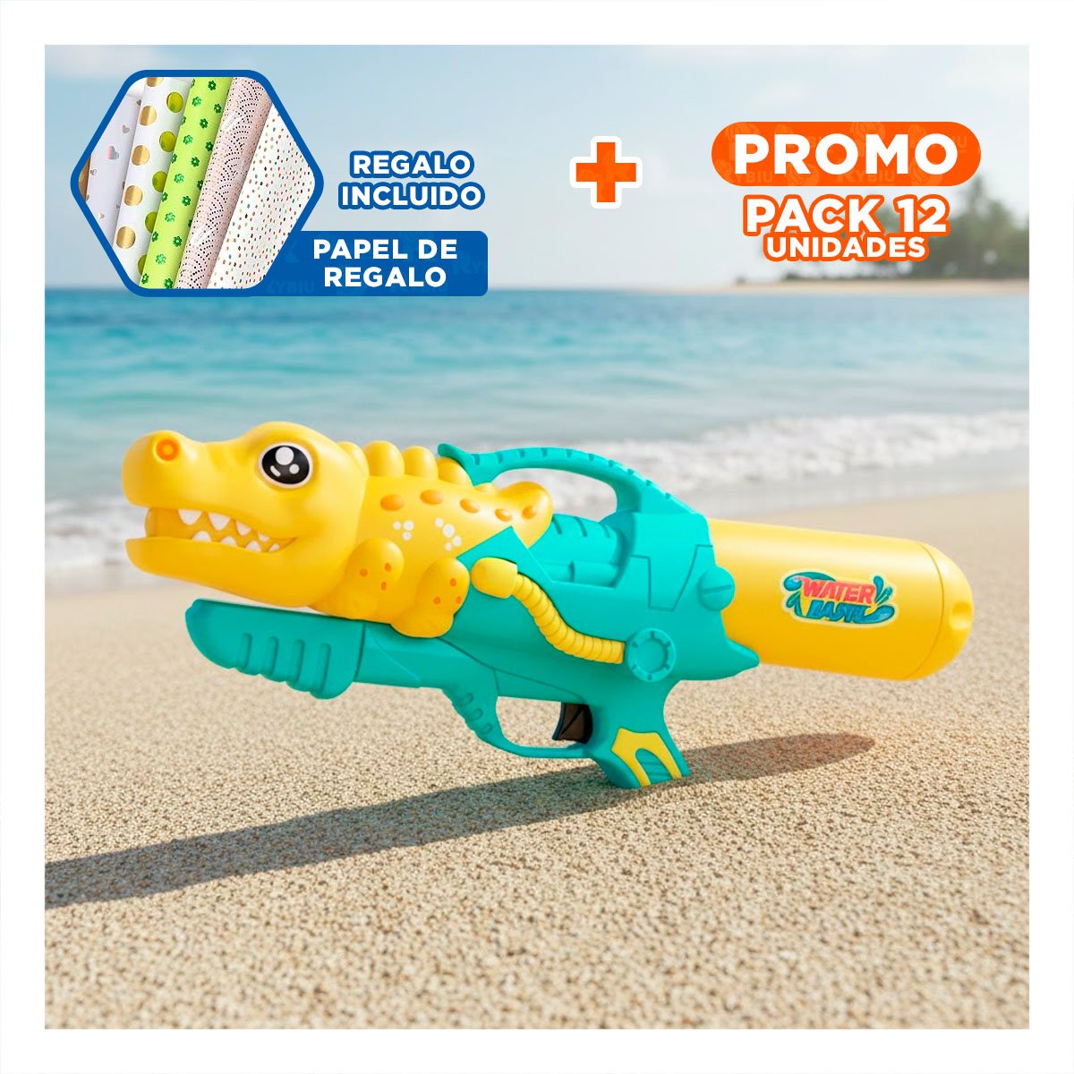 PACK12 PULVERIZADOR DE AGUA DINOSAURIO GRANDE PARA JUEGOS REFRESCANTES Y+PAPEL REGALO - 1