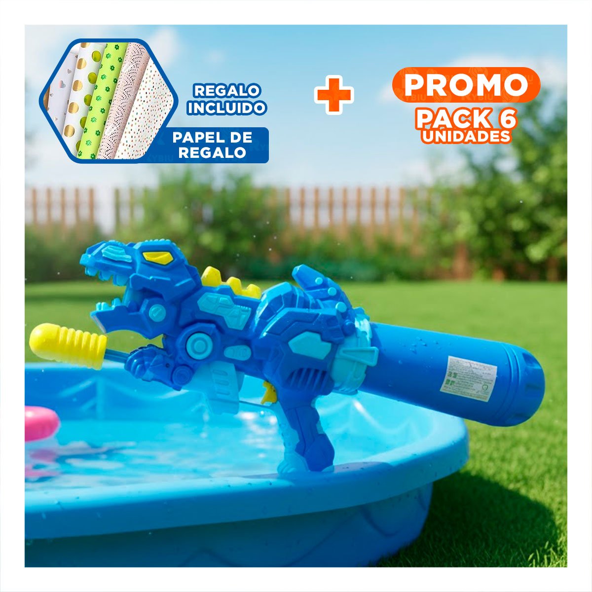 PACK6 CHORRO DE JUEGO DINOSAURIO AZUL PARA JUEGOS DE AGUA EN EL HOGAR Y+PAPEL REGALO - 1