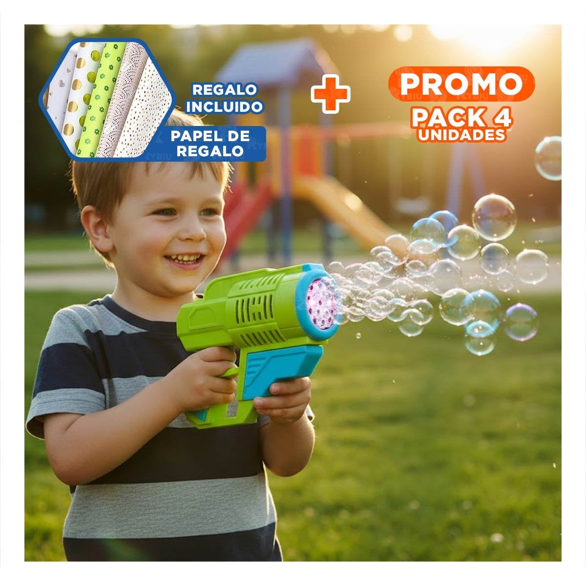 PACK4 ACCESORIO DE BURBUJAS CON MOCHILA PORTATIL FIGURA ANIMAL VERDE Y+PAPEL REGALO - 1