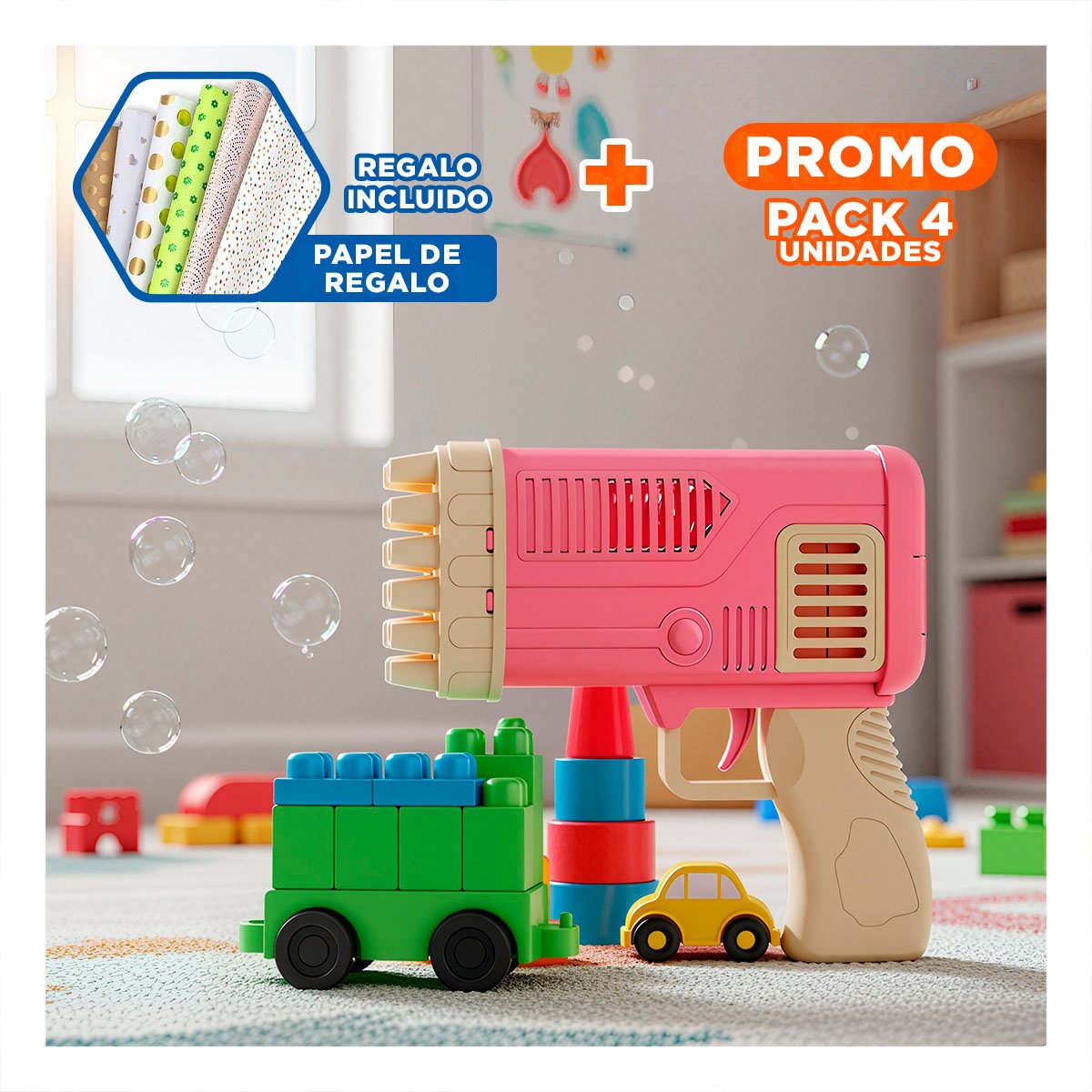 PACK4 PROYECTOR DE BURBUJAS TIPO COHETE ROSADO PARA DIVERSION EN JARDIN FAMILIAR Y+PAPEL REGALO - 1