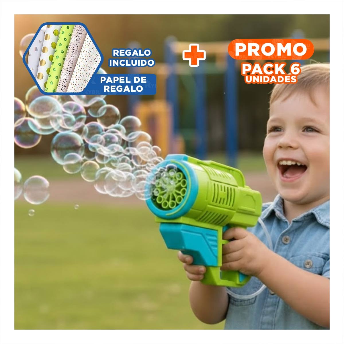 PACK6 MAQUINA PORTATIL DE BURBUJAS CON MOCHILA FIGURA ANIMAL VERDE CLARO Y+PAPEL REGALO - 1