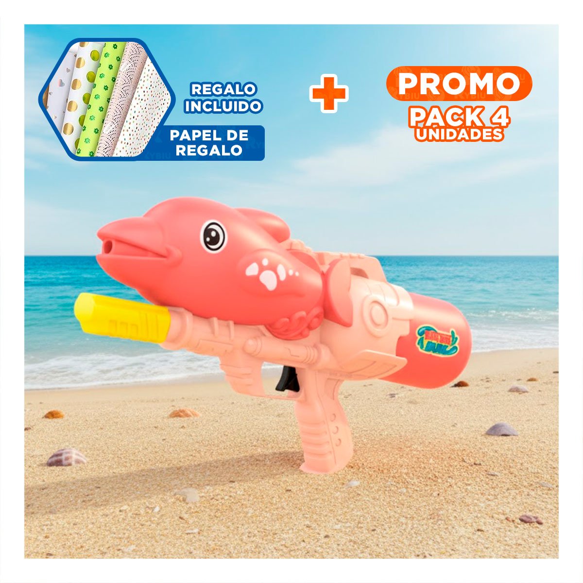 PACK4 CONCEPTO DE AGUA CON DELFIN ROSADO PARA RECREACION EN EL HOGAR Y+PAPEL REGALO - 1