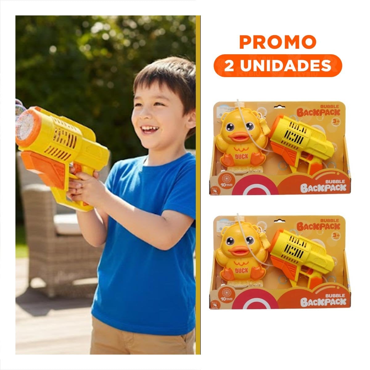 PACK2 PRODUCTO DE BURBUJAS CON MOCHILA PORTATIL PATO AMARILLO PARA DIVERSION EXTERIOR - 1