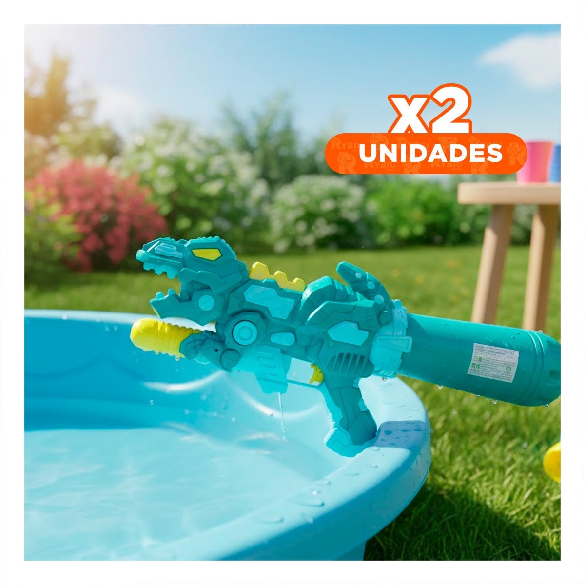 PACK2 LANZADOR LUDICO DINOSAURIO VERDE PARA JUEGOS REFRESCANTES EN PATIO Y+REGALO STICKER - 1