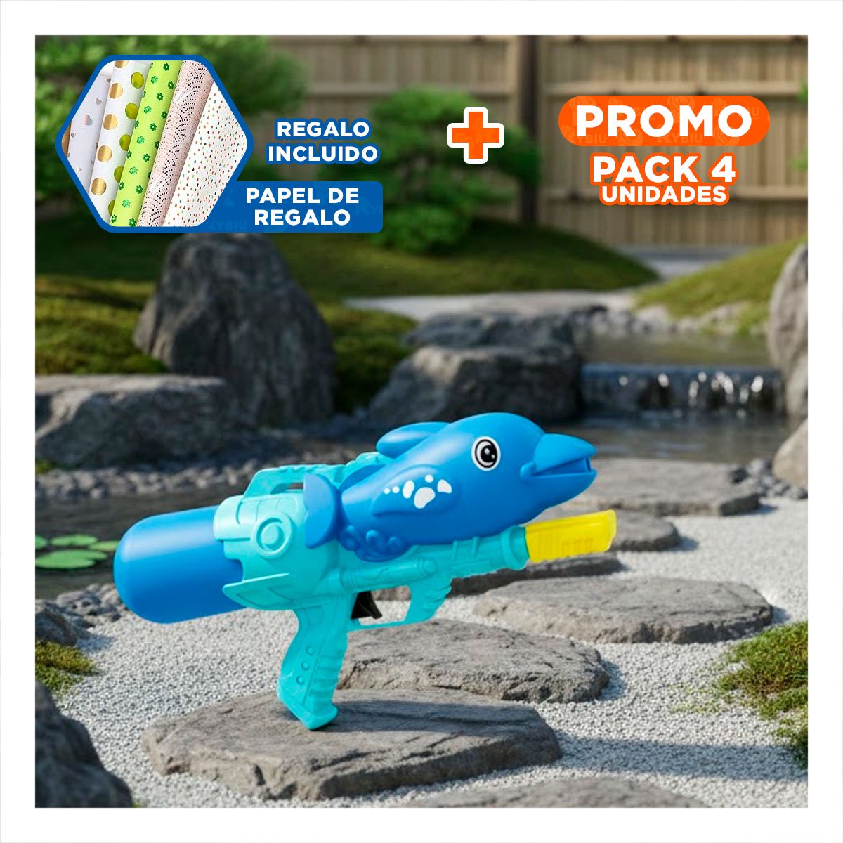 PACK4 ROCIADOR PARA JUEGOS DE AGUA DELFIN AZUL EN VERANO AL AIRE LIBRE Y+PAPEL REGALO - 1