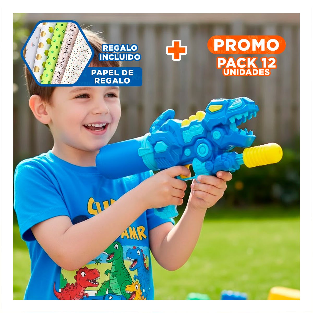 PACK12 PULVERIZADOR DE VERANO DINOSAURIO AZUL PARA JUEGOS REFRESCANTES Y+PAPEL REGALO - 1