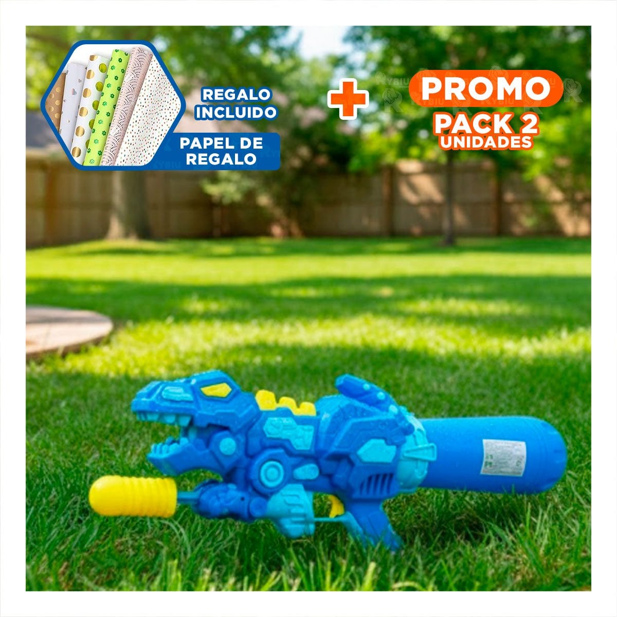 PACK2 DISPARADOR DE AGUA AZUL DINOSAURIO PARA DIVERSION FAMILIAR EN VERANO Y+PAPEL REGALO - 1