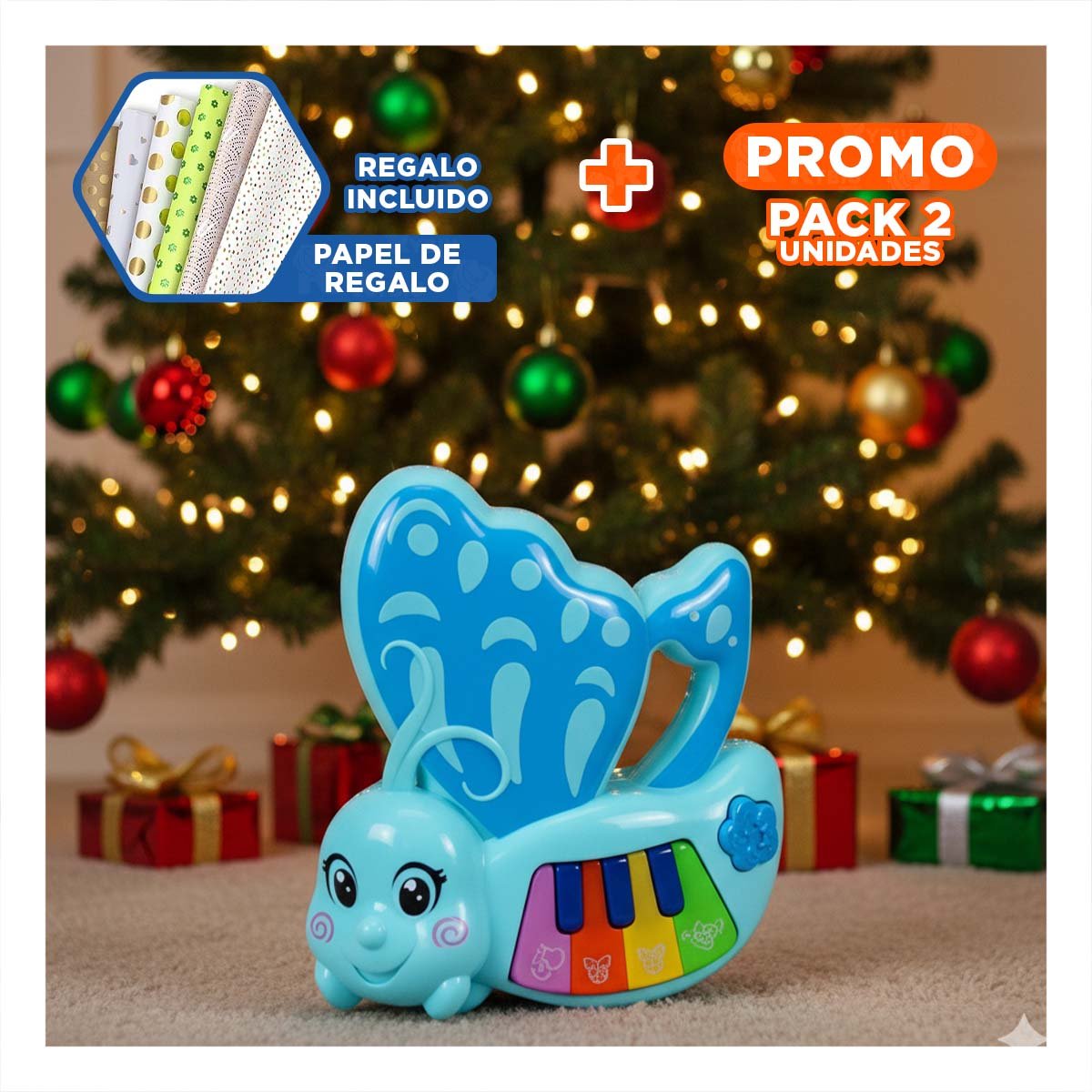 PACK2 JUGUETE MUSICAL EDUCATIVO MARIPOSA CELESTE 22X26 CM Y+PAPEL REGALO - 1