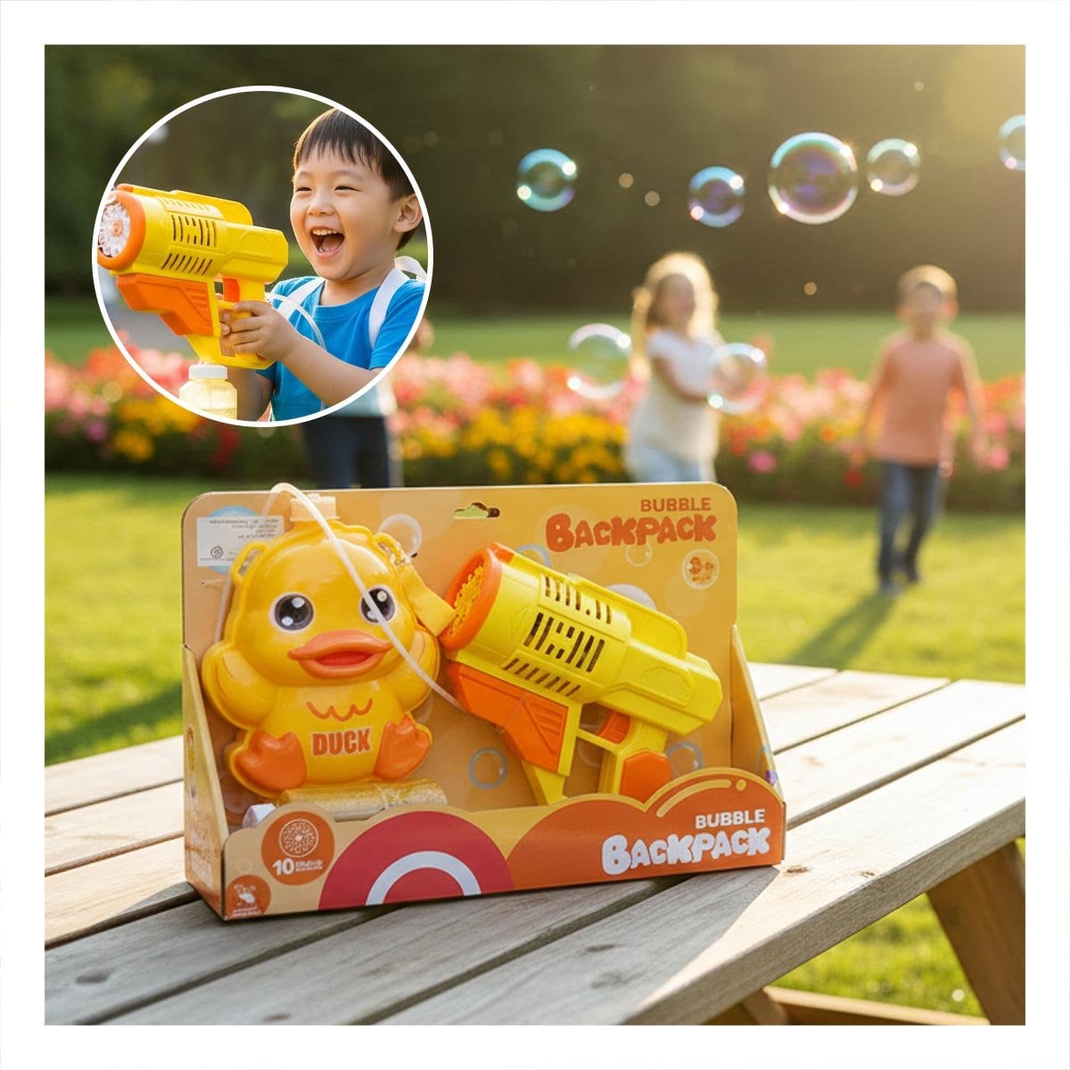 ELEMENTO DE BURBUJAS CON MOCHILA PORTATIL PATO AMARILLO PARA JUEGOS AL AIRE LIBRE Y+POST IT - 2