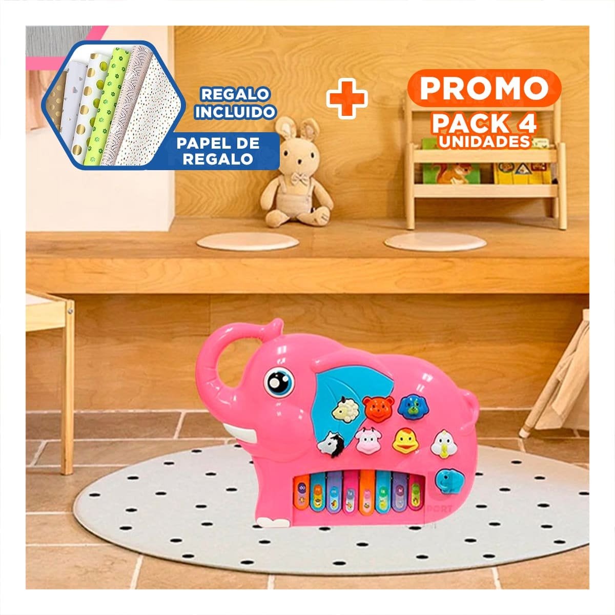 PACK4 PORTATIL ELEFANTE DIDACTICO EN CAJA ROSADO PARA DIVERSION MUSICAL HOGAR Y+PAPEL REGALO - 1