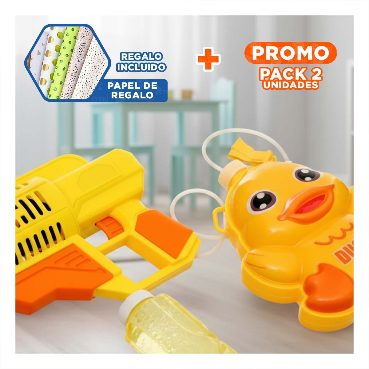 PACK2 SOLUCION DE BURBUJAS CON MOCHILA PORTATIL PATO AMARILLO PARA JUEGOS Y+PAPEL REGALO - 1