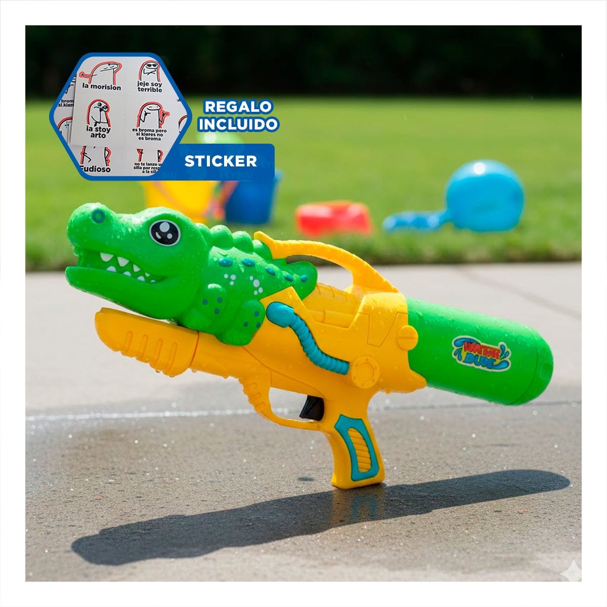 DISPARADOR DE AGUA DINOSAURIO VERDE CLARO PARA JUEGO AL AIRE LIBRE Y+REGALO STICKER - 1