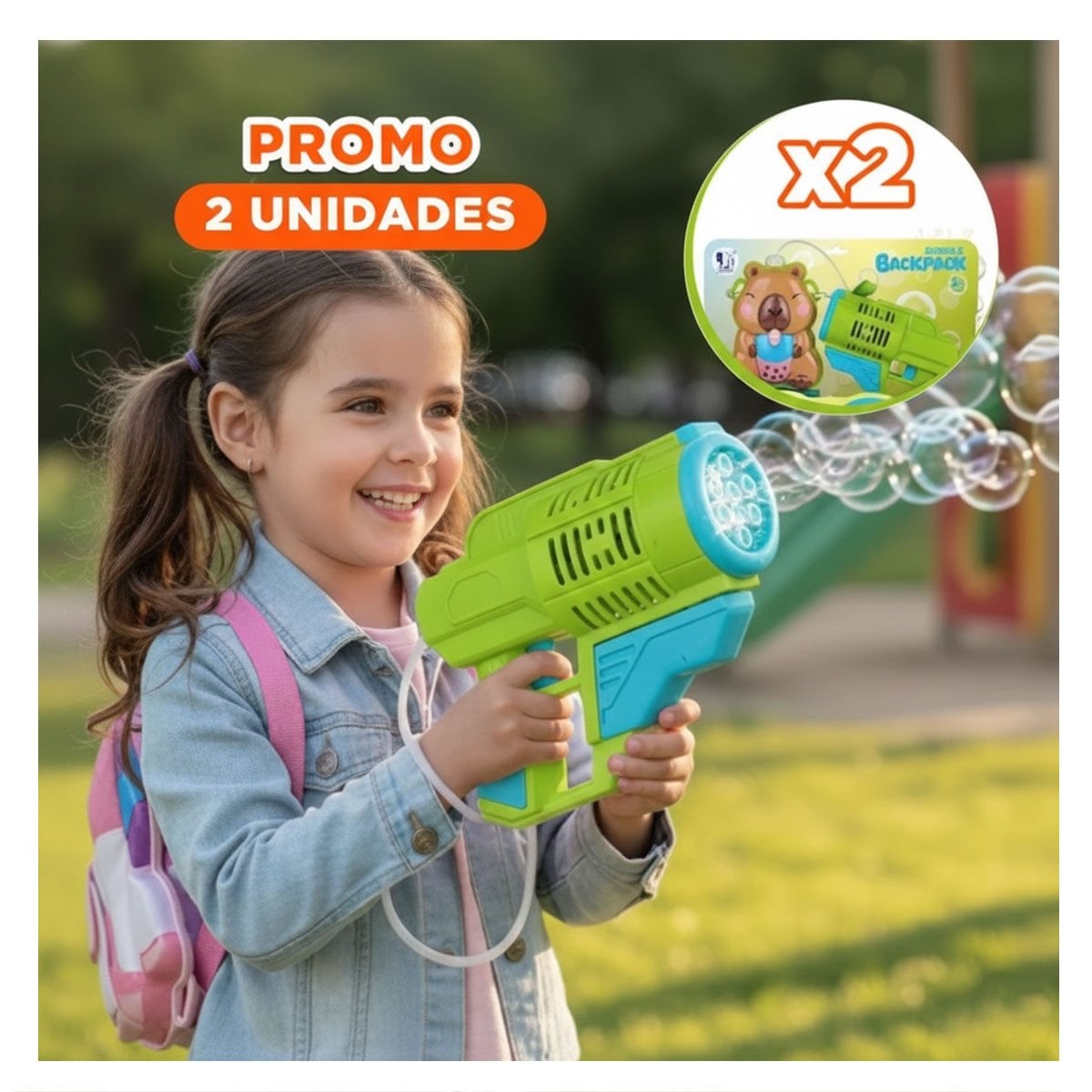 PACK2 ACCESORIO PORTATIL DE BURBUJAS CON MOCHILA FIGURA ANIMAL VERDE CLARO Y+REGALO STICKER - 1