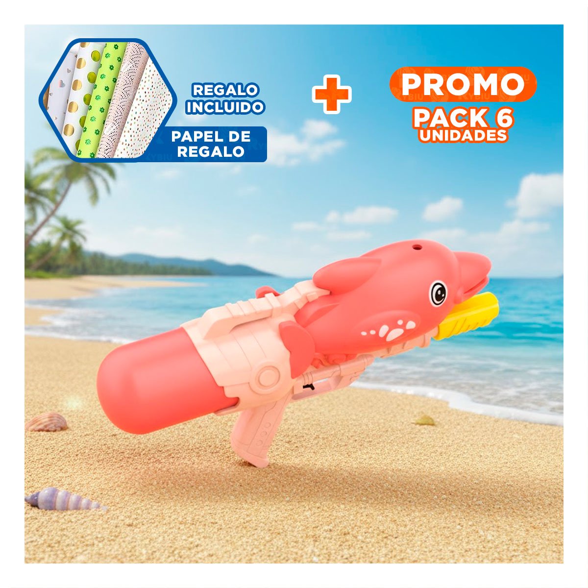 PACK6 OPCION RECREATIVA DE AGUA CON FIGURA DE DELFIN ROSADO PARA PATIO Y+PAPEL REGALO - 1