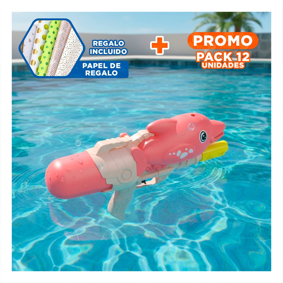 PACK12 ACCESORIO LUDICO DE AGUA CON FIGURA DE DELFIN ROSADO PARA PISCINA Y+PAPEL REGALO - 1