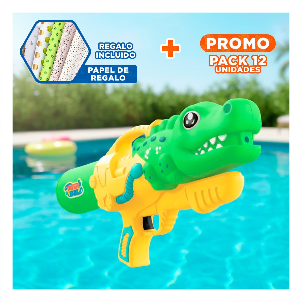 PACK12 CHORRO DE AGUA DINOSAURIO VERDE CLARO PARA JUEGO DE VERANO EN EXTERIOR Y+PAPEL REGALO - 1