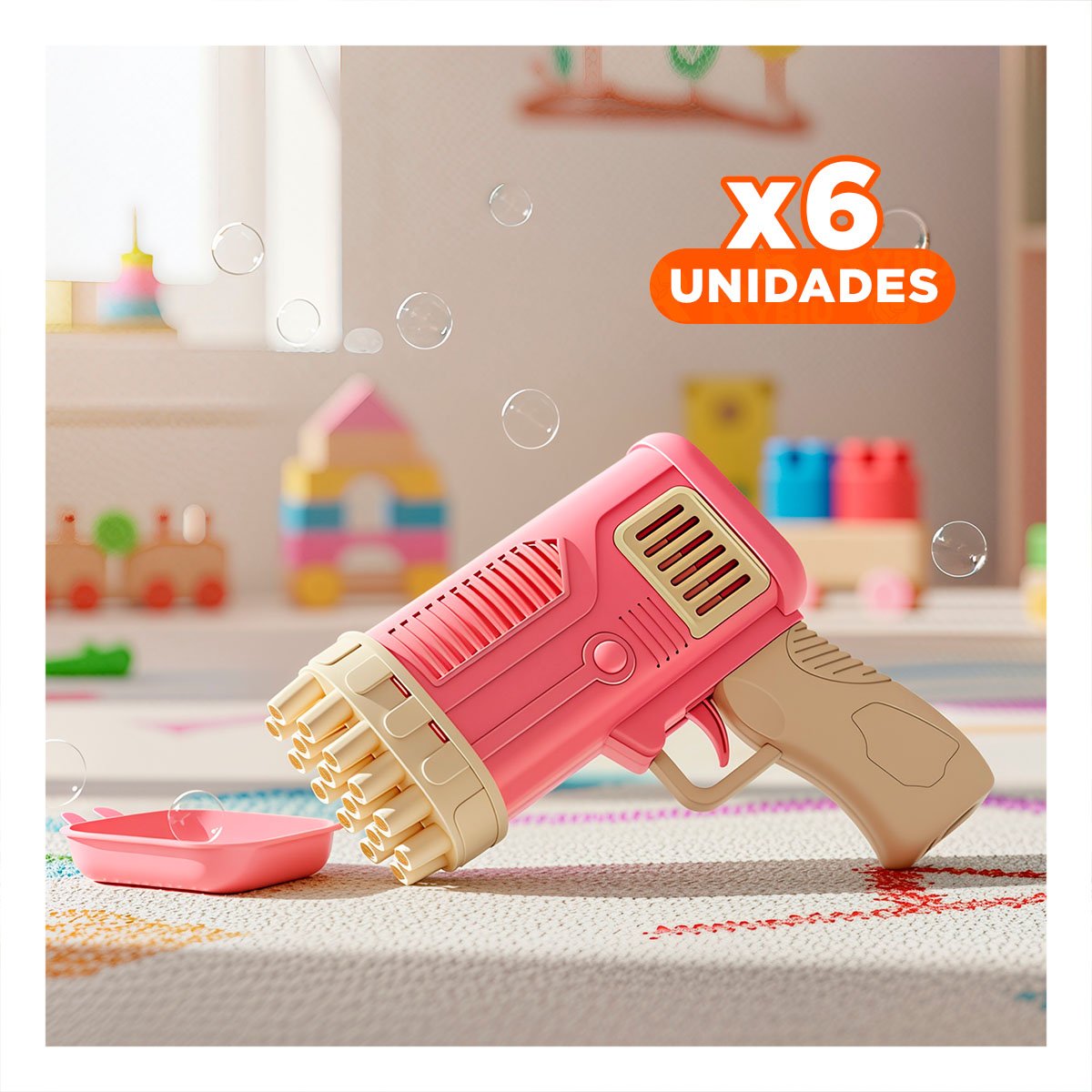 PACK6 SOPLADOR INFANTIL DE BURBUJAS COHETE ROSADO PARA JUEGOS AL AIRE LIBRE Y+REGALO STICKER - 1