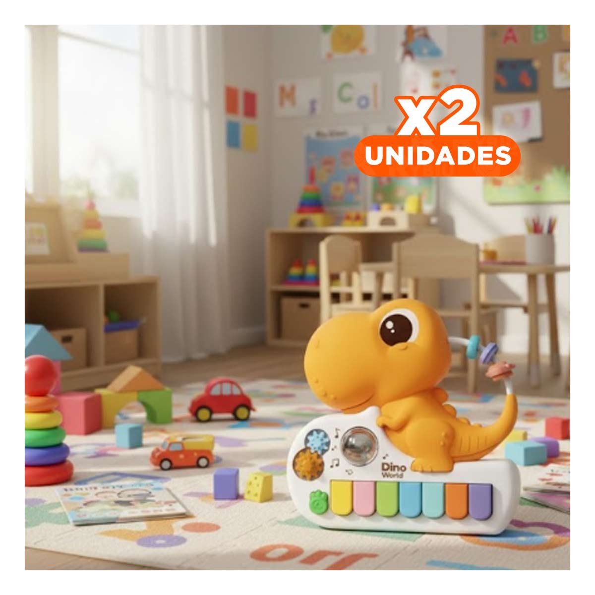PACK2 SINTETIZADOR DE JUGUETE DINOSAURIO AMARILLO 17.5 CM PARA NINOS Y+REGALO STICKER - 1