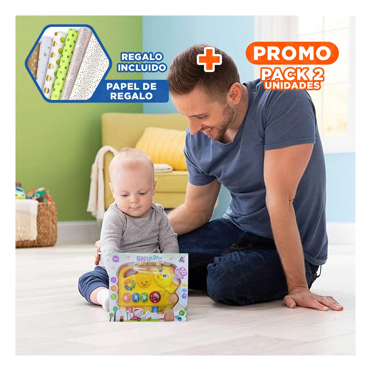 PACK2 TECLAS DIDACTICAS MUSICALES CONEJO CON LUCES LED SONIDO SUAVE PARA CASA Y+PAPEL REGALO - 1