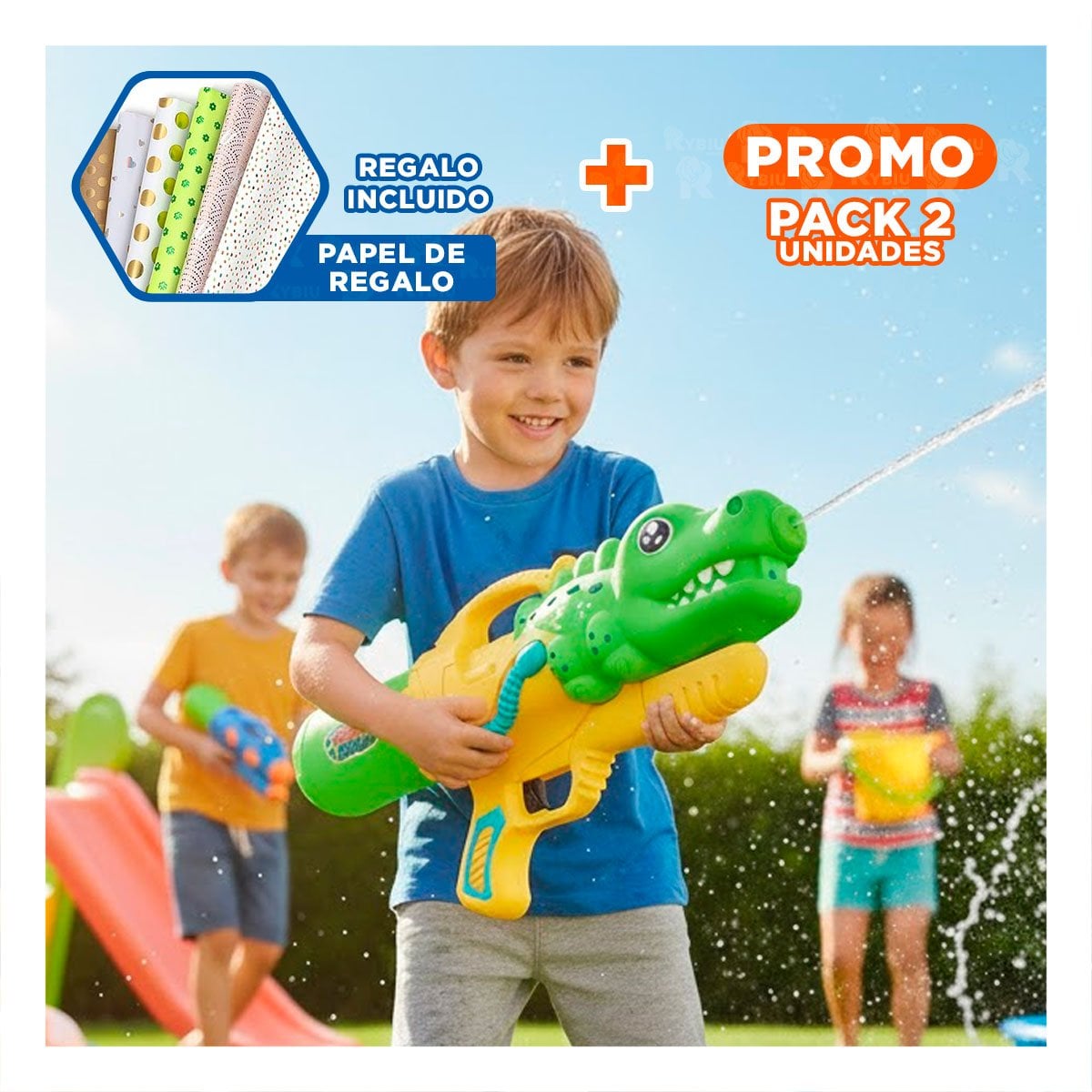 PACK2 PULVERIZADOR DE AGUA DINOSAURIO VERDE CLARO PARA JUEGOS DE VERANO Y+PAPEL REGALO - 1