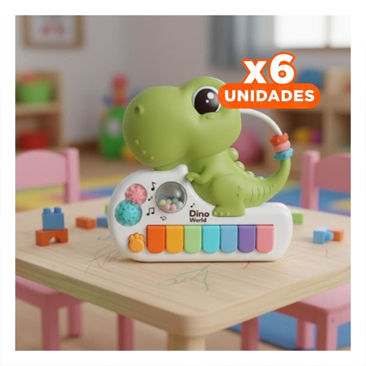 PACK6 JUGUETE MUSICAL PARA NINOS DINOSAURIO INFANTIL VERDE 17.5 CM Y+REGALO STICKER - 1