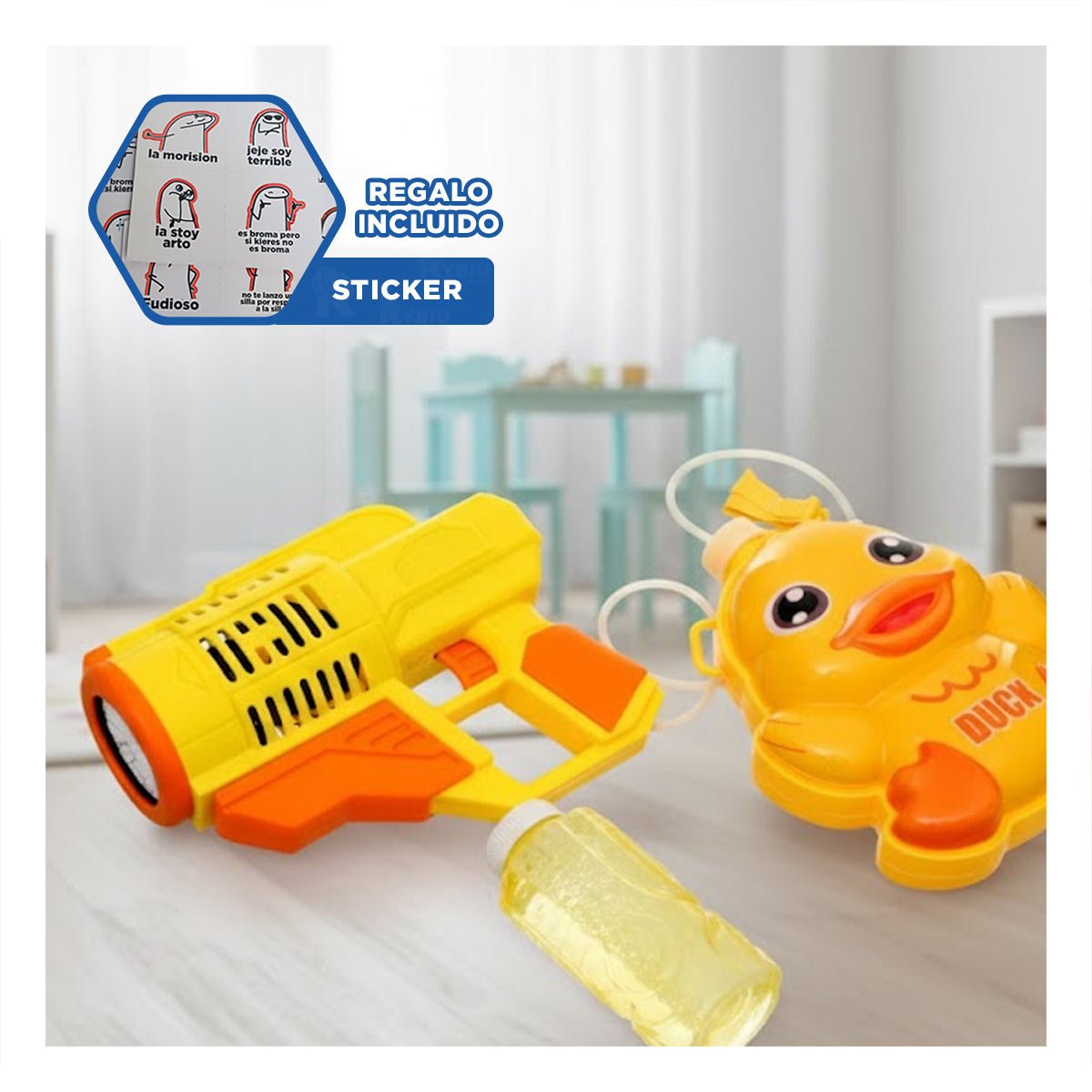PROPUESTA DE BURBUJAS CON MOCHILA PORTATIL PATO AMARILLO PARA JUEGOS Y+REGALO STICKER - 1