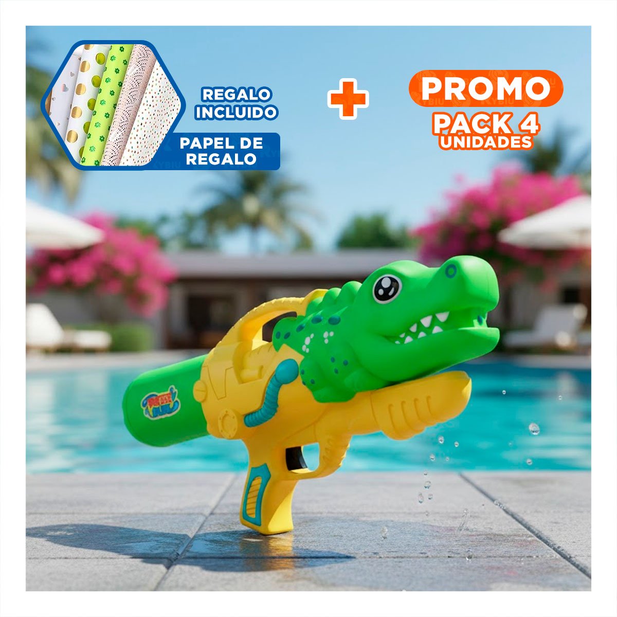 PACK4 ROCIADOR DE AGUA DINOSAURIO VERDE CLARO PARA JUEGO AL AIRE LIBRE EN VERANO Y+PAPEL REGALO - 1