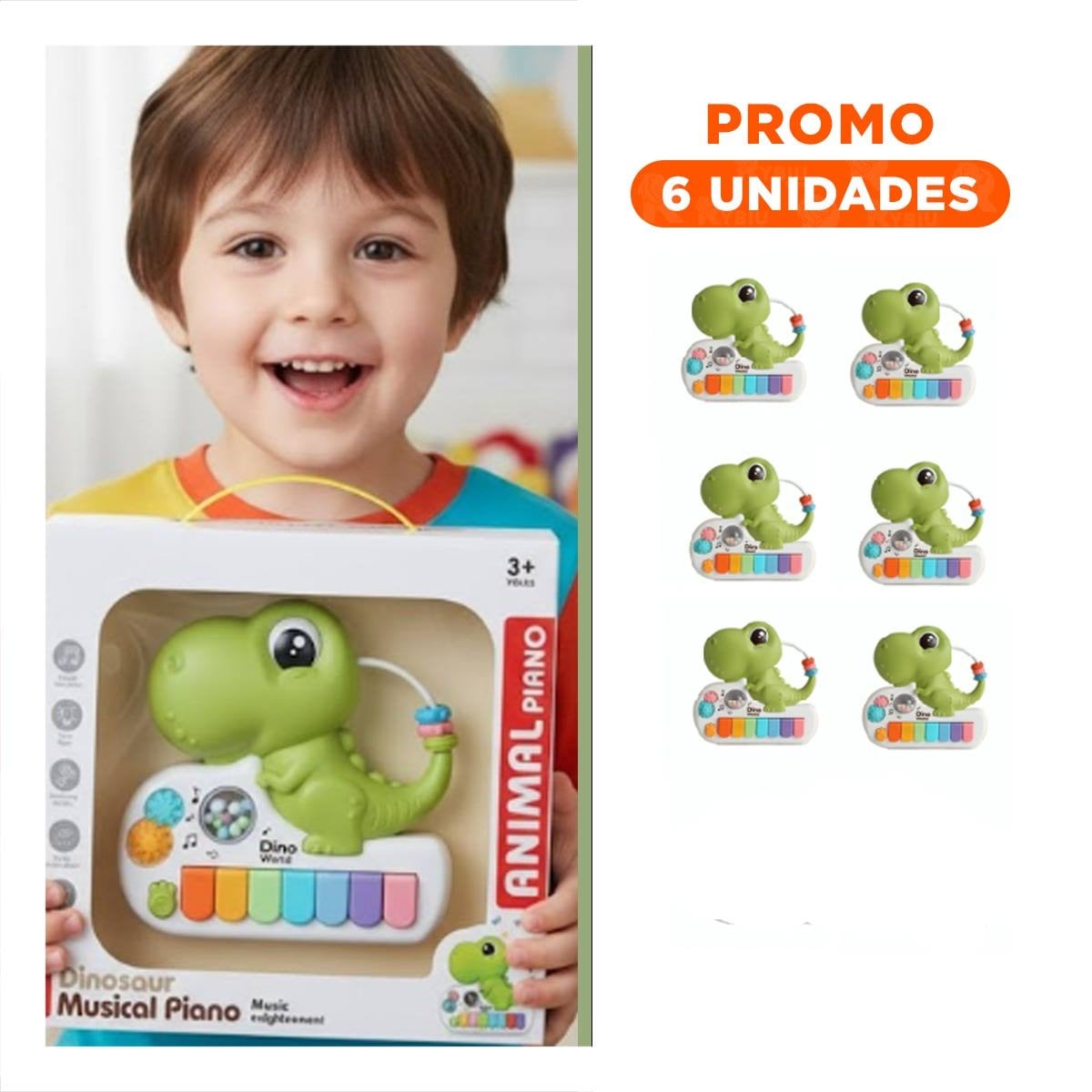 PACK6 JUGUETE MUSICAL INFANTIL DINOSAURIO 17.5 CM VERDE CON TECLAS - 1