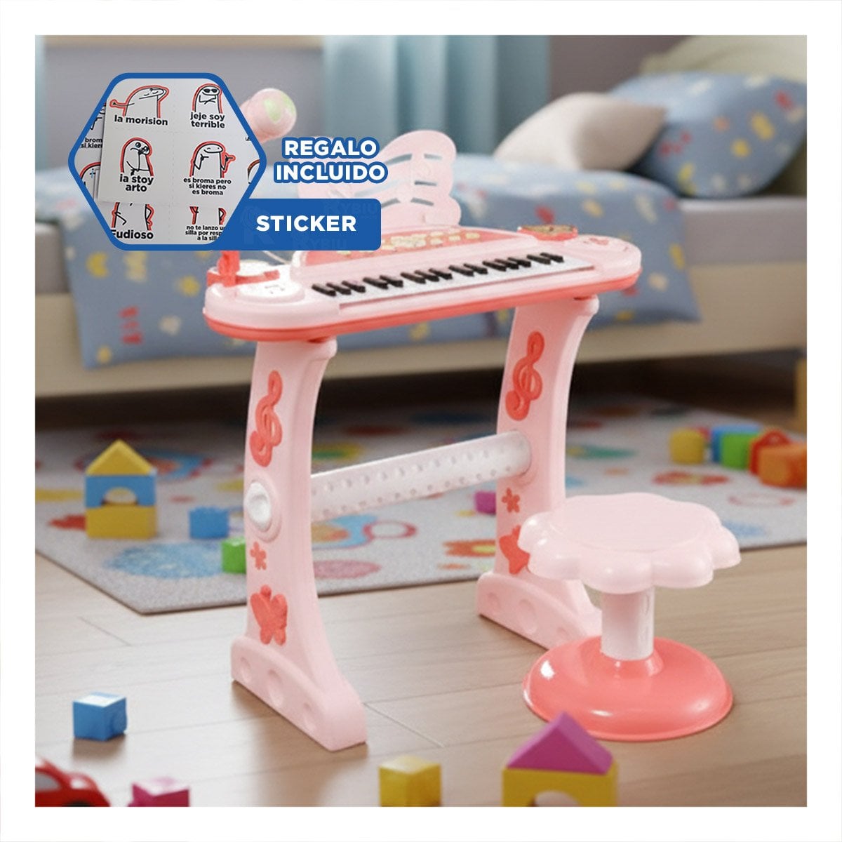 INSTRUMENTO MUSICAL INFANTIL CON MICROFONO Y SILLA ROSADO PARA JUEGO SONORO Y+REGALO STICKER - 1