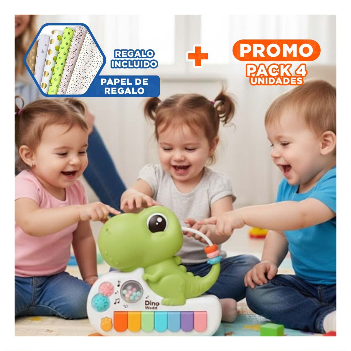 PACK4 SINTETIZADOR DE SONIDO DINOSAURIO PARA NINOS 17.5 CM VERDE Y+PAPEL REGALO - 1