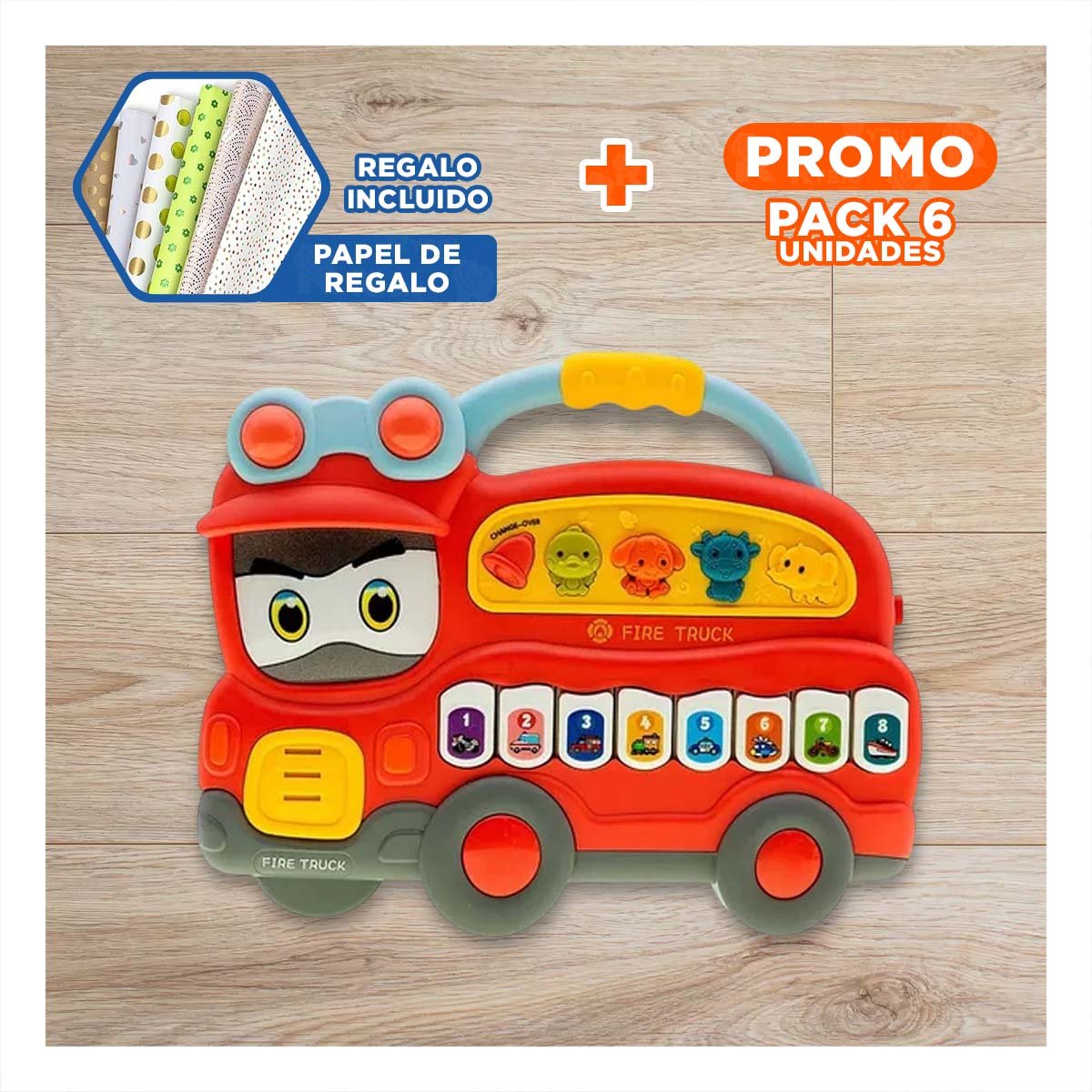 PACK6 UNIDAD SONORA CAMION DE BOMBEROS CON LUCES Y MELODIAS PARA HOGAR ROJO Y+PAPEL REGALO - 1