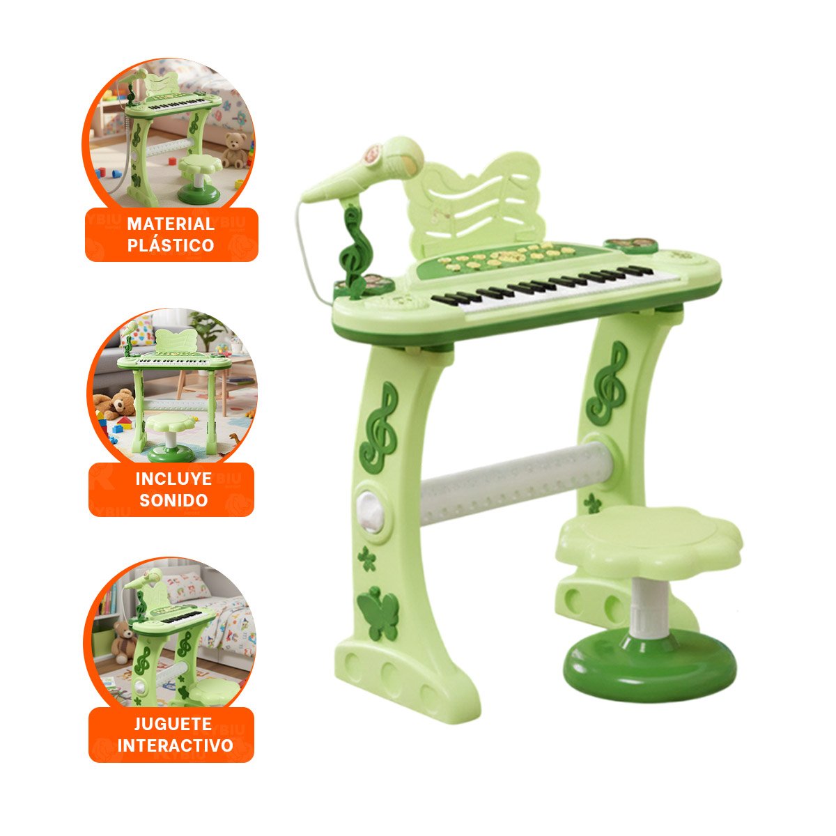 TECLADO MUSICAL PARA NINOS CON MICROFONO Y SILLA VERDE PARA PRACTICA - 3