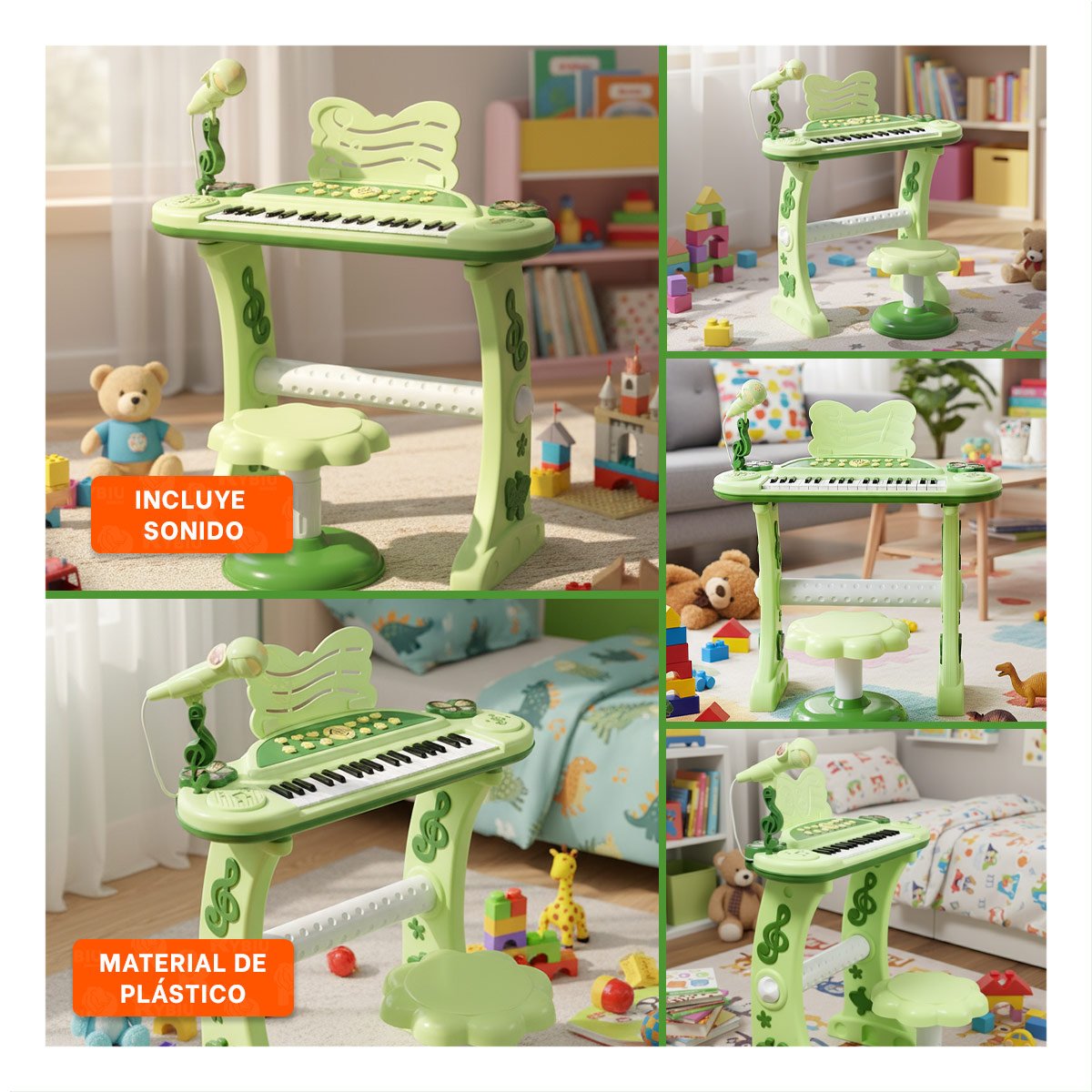 TECLADO MUSICAL PARA NINOS CON MICROFONO Y SILLA VERDE PARA PRACTICA - 5