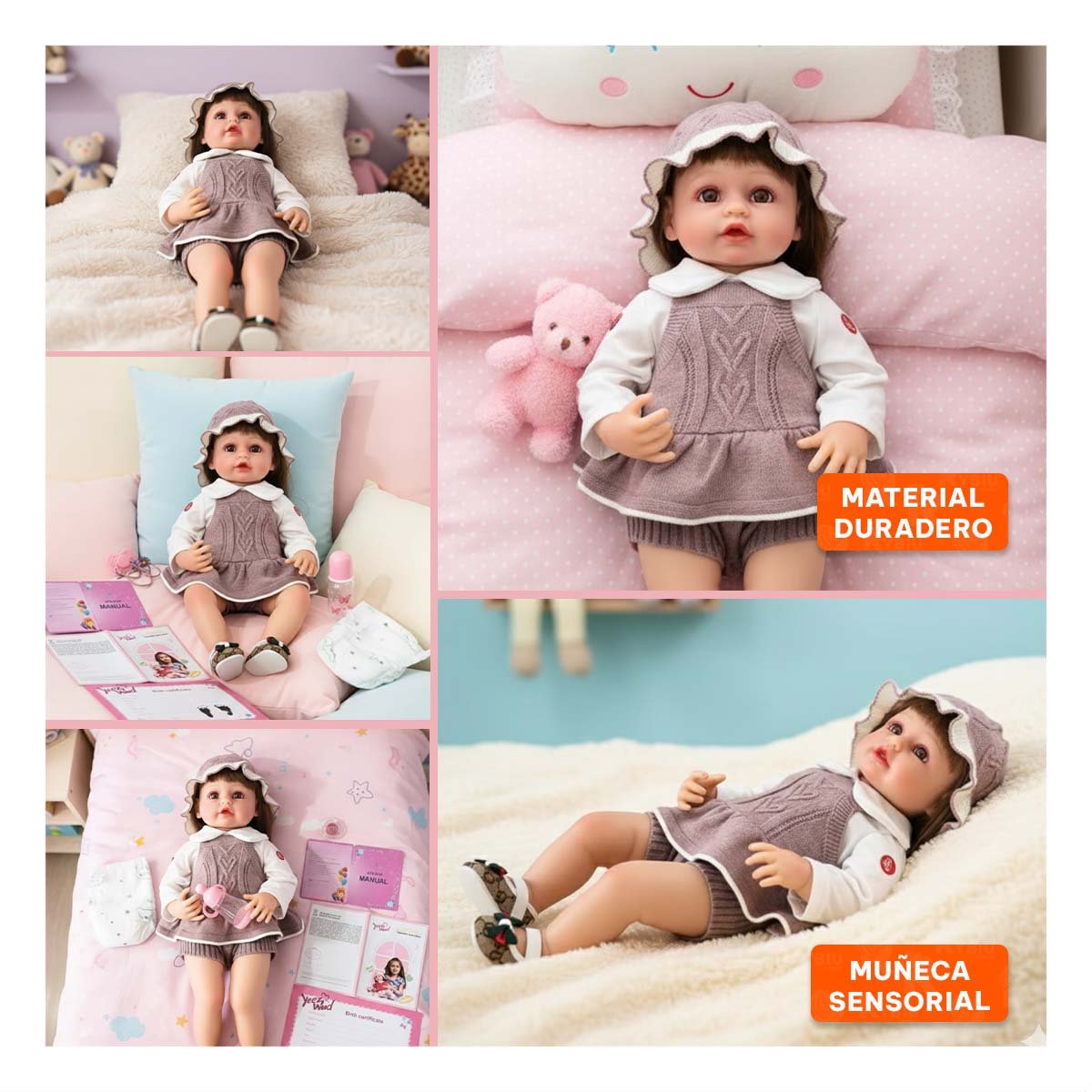 TOP DE ROPA TEJIDA PARA BEBE CON SHORT Y GORRO EN PALO ROSA Y+POST IT - 1
