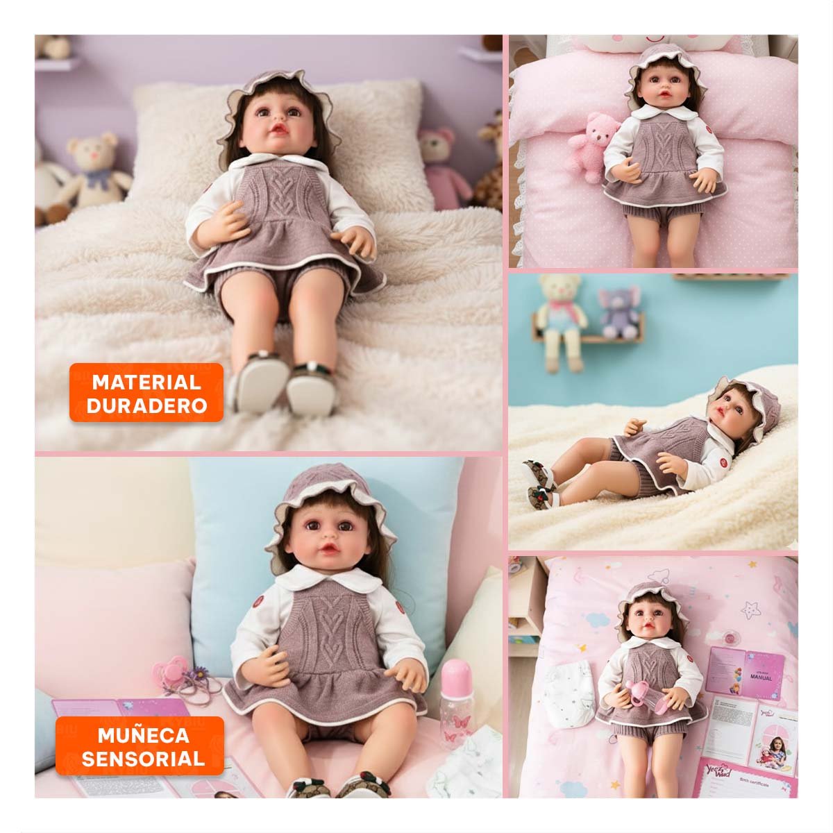 TOP DE ROPA TEJIDA PARA BEBE CON SHORT Y GORRO EN PALO ROSA Y+POST IT - 5