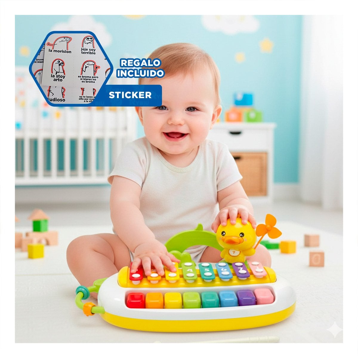 SONIDO MUSICAL XILOFONO TIPO PIANO CON PATO PARA JUEGO DIDACTICO Y+REGALO STICKER - 1
