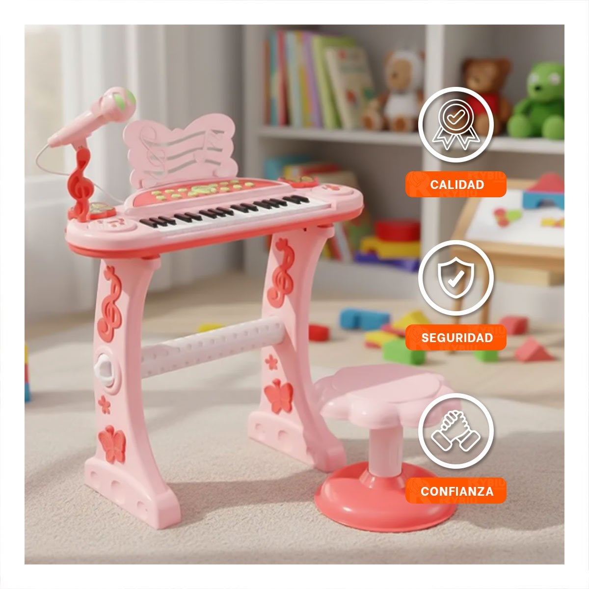 INSTRUMENTO INFANTIL ROSADO CON MICROFONO Y SILLA PARA DESARROLLO MUSICAL Y+LIGAS REGALO - 2