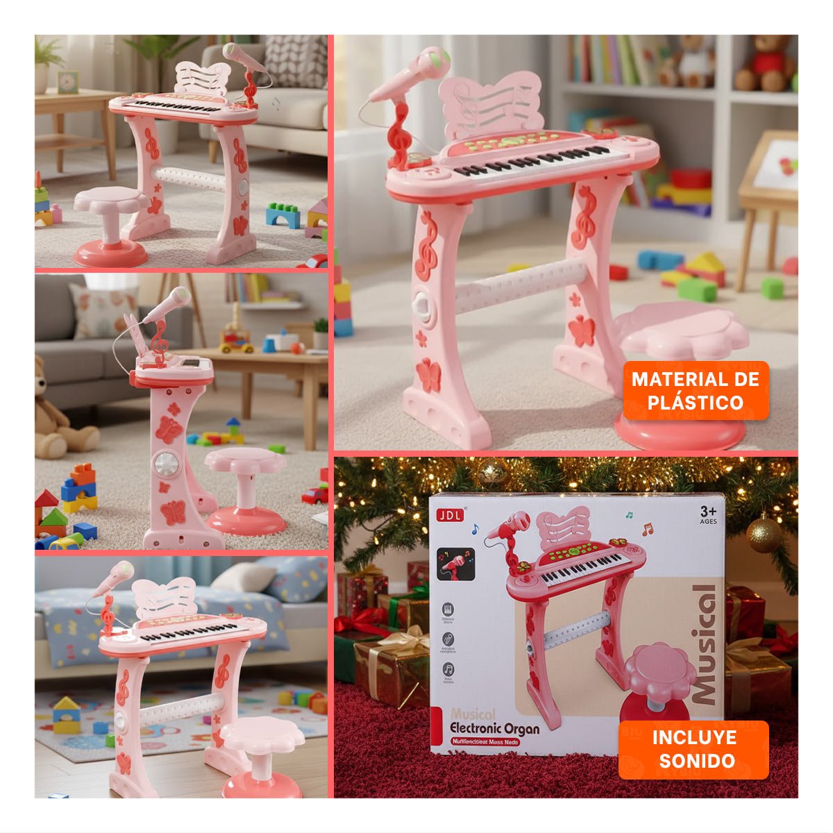 INSTRUMENTO INFANTIL ROSADO CON MICROFONO Y SILLA PARA DESARROLLO MUSICAL Y+LIGAS REGALO - 5