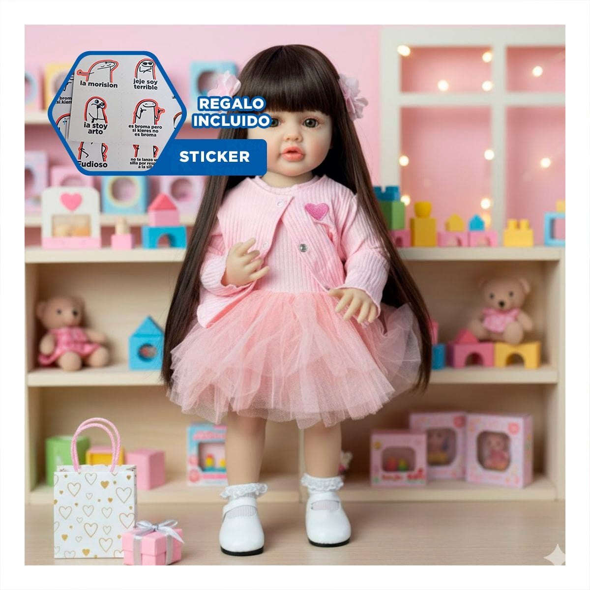 JUGUETE DE JUEGO CON VESTIDO TULL Y CHOMPA TEJIDA CORAZON ROSADO 55CM Y+REGALO STICKER - 1