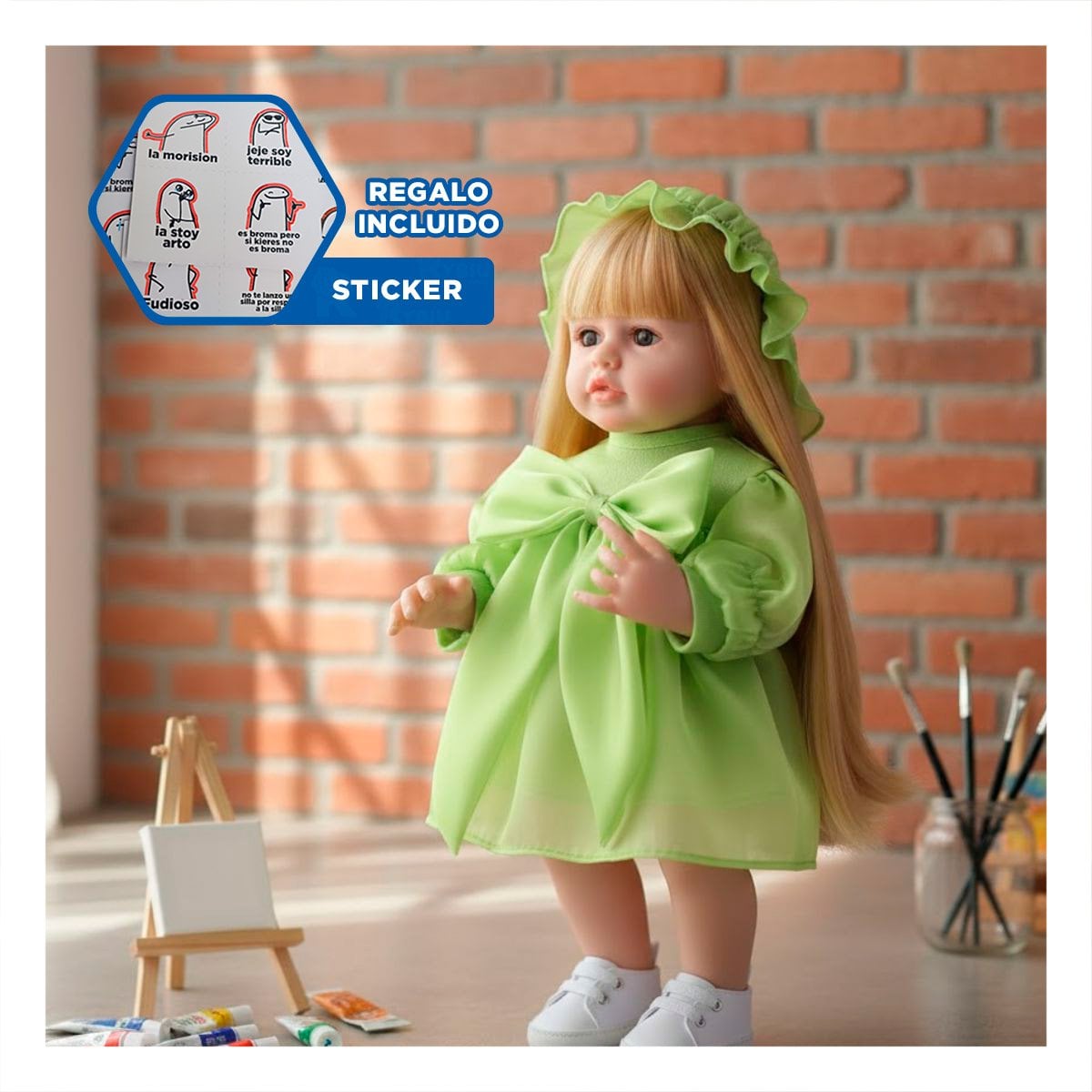 MODELO INTELIGENTE DE JUEGO INFANTIL VESTIDO LAZO Y GORRO DE TULL VERDE 55CM Y+REGALO STICKER - 1